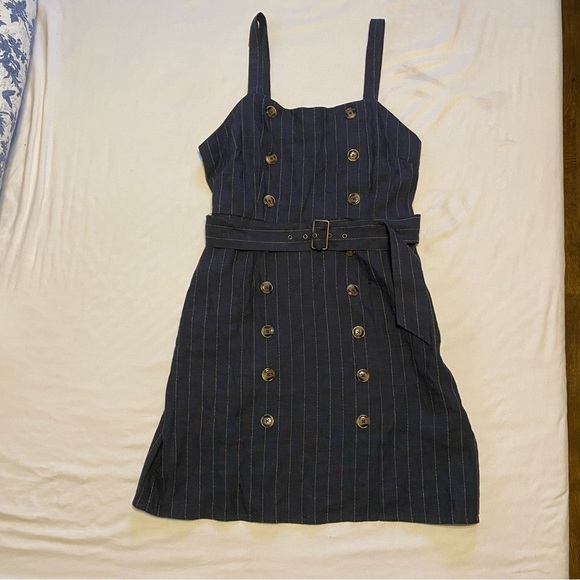 Forever 21 Linen Blend Pinstripe Jumper w/ Side Pocket & Hidden Side Zipper Sz L - Picture 2 of 8